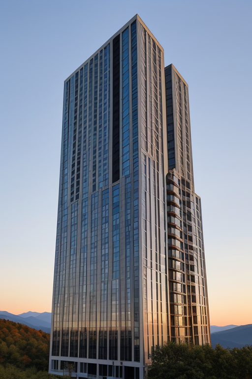 Edificio con balcones aterrazados y de colores, High Rise, designed by Mies Van der Rohe, Modern Architecture, at sunset, in the mountains