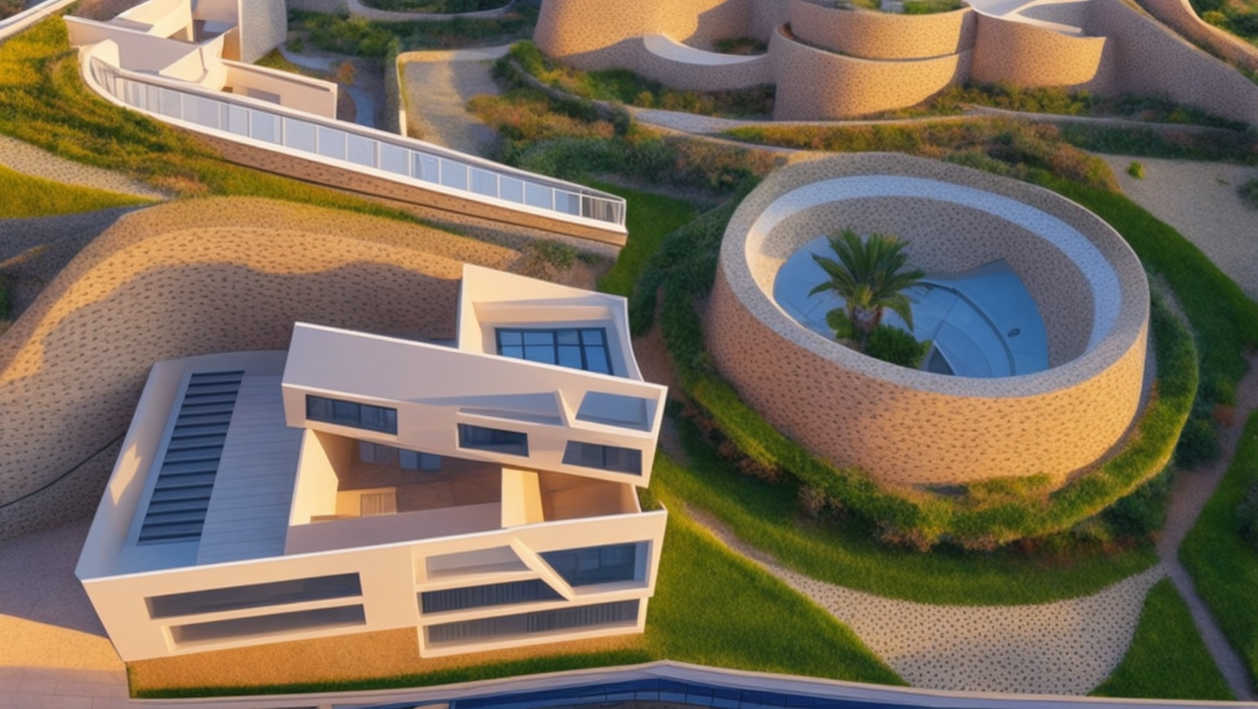 Townhouse, designed by Gaudi, Afro Futurism architecture, at sunset, in Barcelona