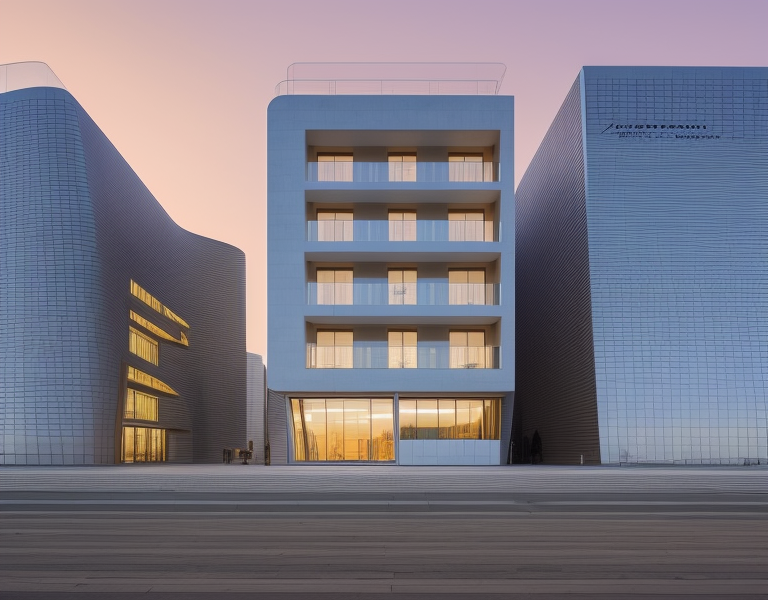Building, designed by Zaha Hadid, Modern Architecture, at sunset, in Barcelona, designed by Norman Foster, in the afternoon