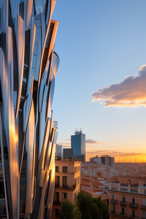 Museum, designed by Frank Gehry, Modern Architecture, at sunset, in Barcelona