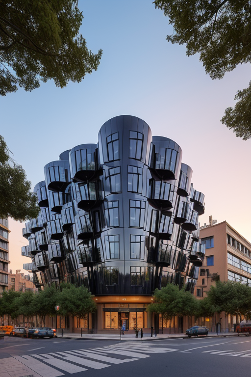 Museum, designed by Frank Gehry, Modern Architecture, at sunset, in Barcelona