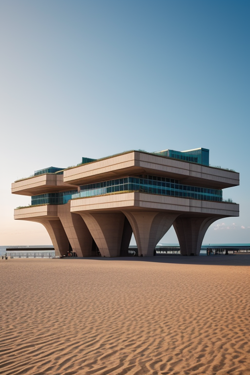 design by zaha hadid and ricardo bofill, Brutalist Architecture, in the afternoon, on the beach, designed by Zaha Hadid
