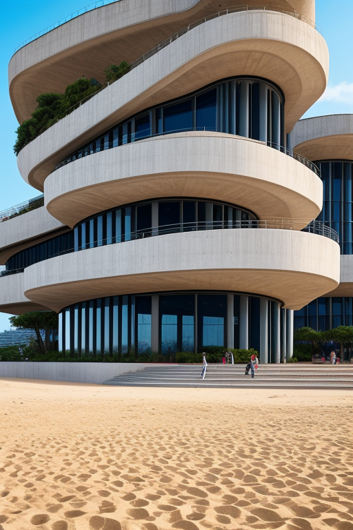 design by zaha hadid and ricardo bofill, Brutalist Architecture, in the afternoon, on the beach, designed by Zaha Hadid
