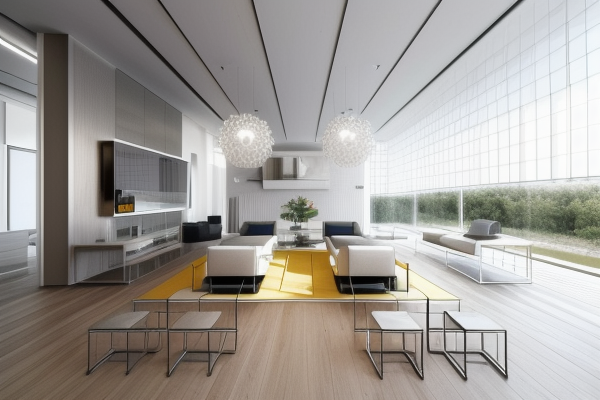 Living Room, High-Tech style, sleek and futuristic, cold colours, minimalist and streamlined, metallic finishes, glass, mirrored surfaces, clean lines, state-of-the-art technology integration, open and functional spaces, a sense of innovation and modernity