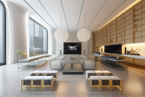 Living Room, High-Tech style, sleek and futuristic, cold colours, minimalist and streamlined, metallic finishes, glass, mirrored surfaces, clean lines, state-of-the-art technology integration, open and functional spaces, a sense of innovation and modernity