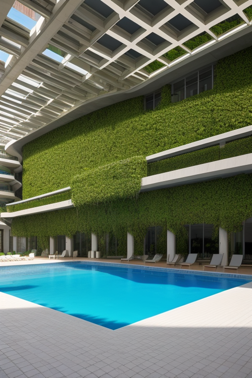 mediterranean coast design by zaha hadid and ricardo bofill, large pool and lots of greenery, Brutalist Architecture, in the afternoon, on the beach, designed by Zaha Hadid, Post-Modern Architecture, designed by I.M. Pei