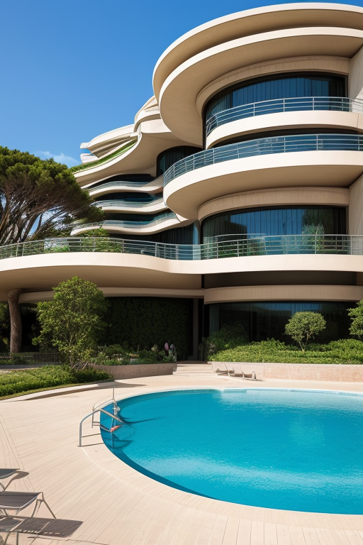 mediterranean coast design by zaha hadid and ricardo bofill, large pool and lots of greenery, Brutalist Architecture, in the afternoon, on the beach, designed by Zaha Hadid, Post-Modern Architecture, designed by I.M. Pei