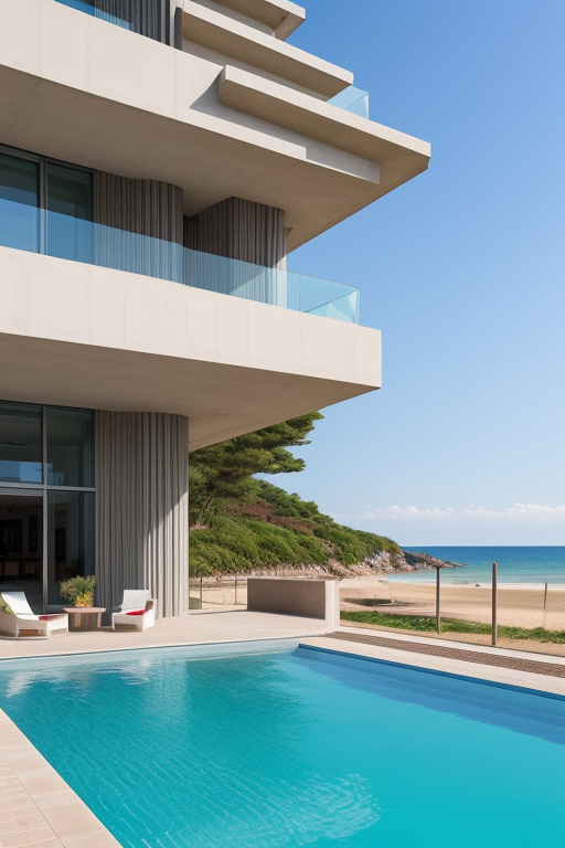 mediterranean coast design by zaha hadid and ricardo bofill, large pool and lots of greenery, Brutalist Architecture, in the afternoon, on the beach, designed by Zaha Hadid, Post-Modern Architecture, designed by I.M. Pei