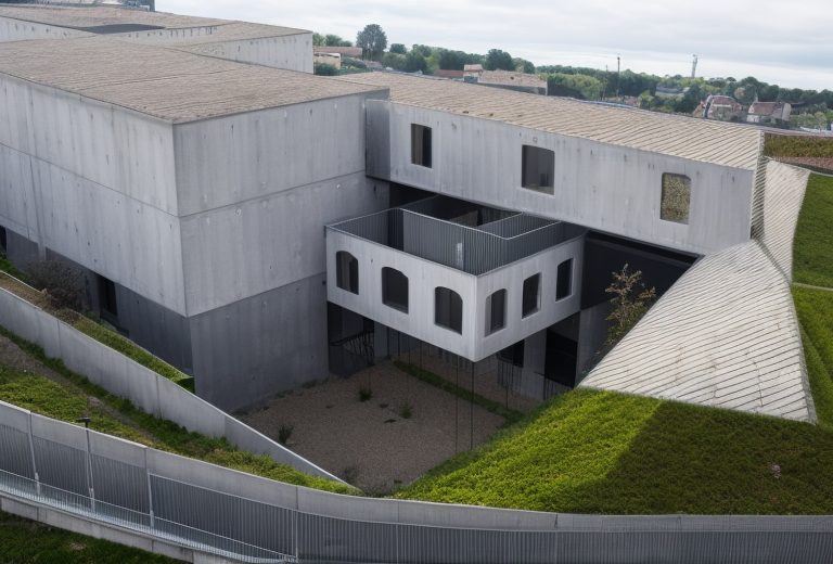 On a hill, Brutalist Architecture, designed by Philip Johnson, Bauhaus Architecture, morning, in a town in France, warm