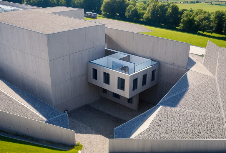 On a hill, Brutalist Architecture, designed by Philip Johnson, Bauhaus Architecture, morning, in a town in France, warm