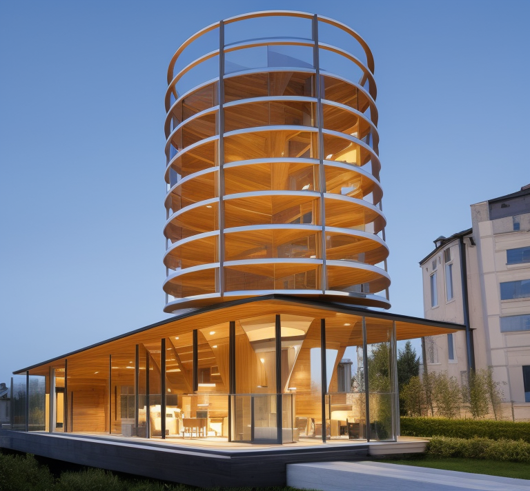 Arquitectonic model in steel, glass ,garden in roofs , with soft lights and shadows , inside the wood, design by Bjarke Ingels , parametric architecture, HD, in the morning, in  italia