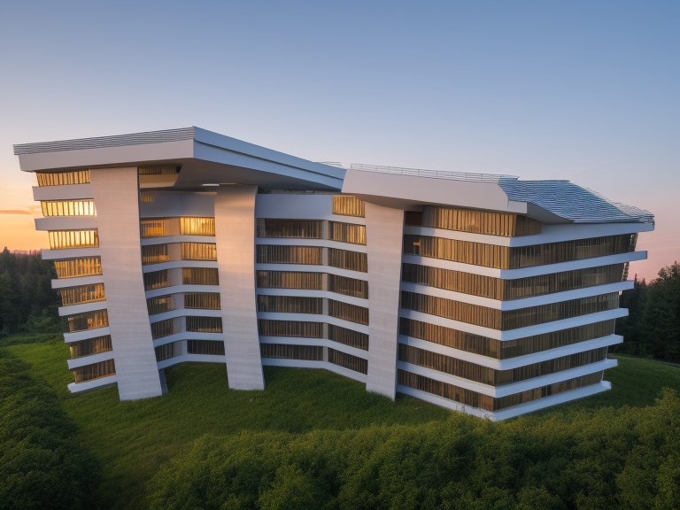 Building, designed by Alvar Aalto, Post-Modern Architecture, at sunset, in the forest