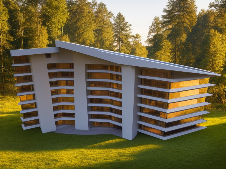 Building, designed by Alvar Aalto, Post-Modern Architecture, at sunset, in the forest, designed by Louis Kahn