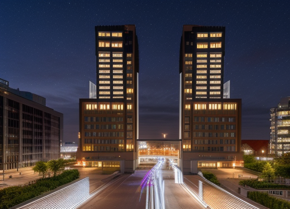 designed by Frank Lloyd Wright, Bauhaus Architecture, at night, Tower, in Berlin