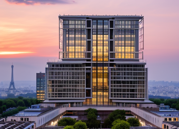 designed by Frank Lloyd Wright, Bauhaus Architecture, Tower, in Paris, in the sunset, BRT in the middle