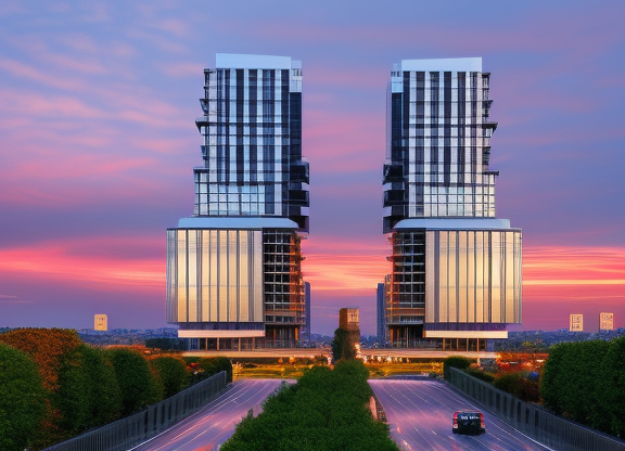 designed by Frank Lloyd Wright, Bauhaus Architecture, Tower, in Paris, at sunset, Constructivism Architecture, avenue with BRT between two buildings