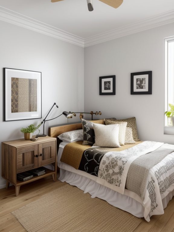 Bedroom, Eclectic design, bold and contrasting colours, diverse patterns and textures, unconventional furniture arrangements, personal and curated collections, creative and expressive atmosphere, Mediterranean design, warm and inviting, earthy colour palette with vibrant accents, textured white walls, stucco, arches and curved lines, stone, rustic wood and wrought iron, warm and cozy ambiance