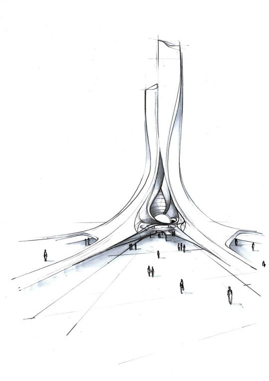 designed by Zaha Hadid, Afro Futurism architecture, at night, in the desert