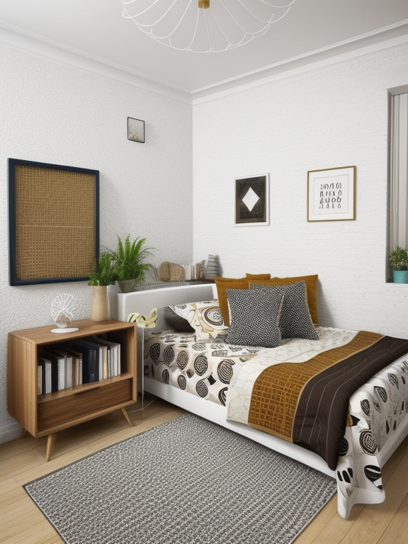 Bedroom, Eclectic design, bold and contrasting colours, diverse patterns and textures, unconventional furniture arrangements, personal and curated collections, creative and expressive atmosphere, Mediterranean design, warm and inviting, earthy colour palette with vibrant accents, textured white walls, stucco, arches and curved lines, stone, rustic wood and wrought iron, warm and cozy ambiance, Retro style, nostalgic and playful, vibrant colours and patterns, geometric shapes, vintage furniture and accessories, bold and iconic designs from the mid-20th century, nostalgic references to specific eras