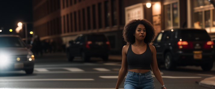 Establishing wide shot, black woman in dumbo brooklyn walking
