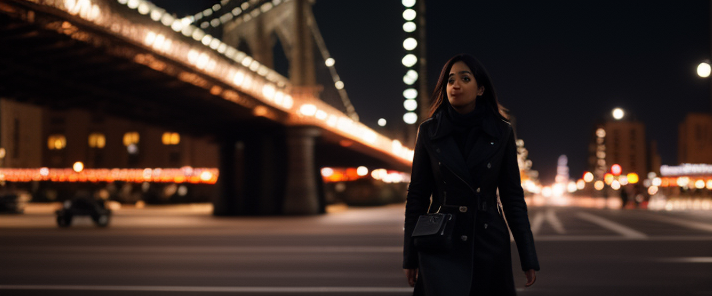 Establishing wide shot, black woman in dumbo brooklyn walking
