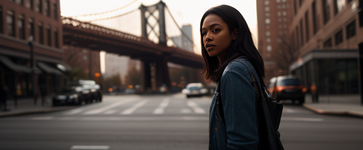 Establishing wide shot, black woman in dumbo brooklyn walking
