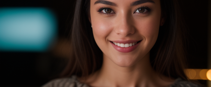 Wide, night time, dark studio, rim lighting, two tone lighting, dimly lit, girl smiling 