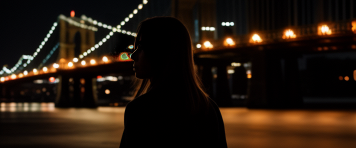 Establishing wide shot, woman in dumbo brooklyn walking
, night time, dark studio, rim lighting, two tone lighting, dimly lit