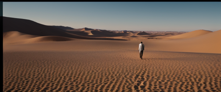 Establishing wide shot, man walking in the desert in a suit