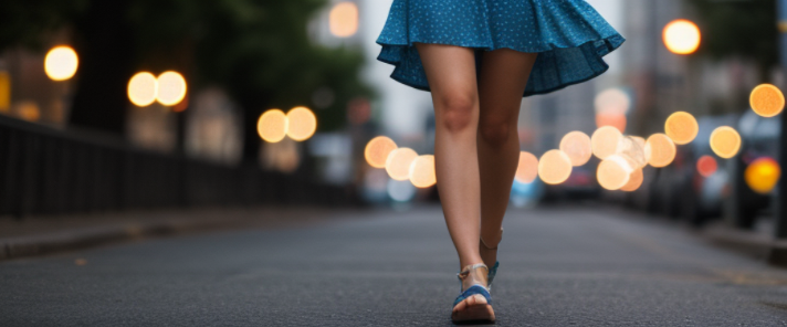 Girl walking her dog, she is wearing a blue dress, summer evening, happy vibes, vibrant, pastel colors, wide shot, hyper realistic, colorful, 