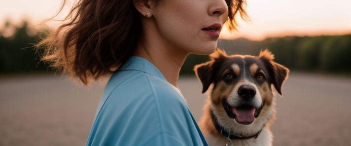 Girl walking her dog, she is wearing a blue dress, summer evening, happy vibes, vibrant, pastel colors, wide shot, hyper realistic, colorful, 