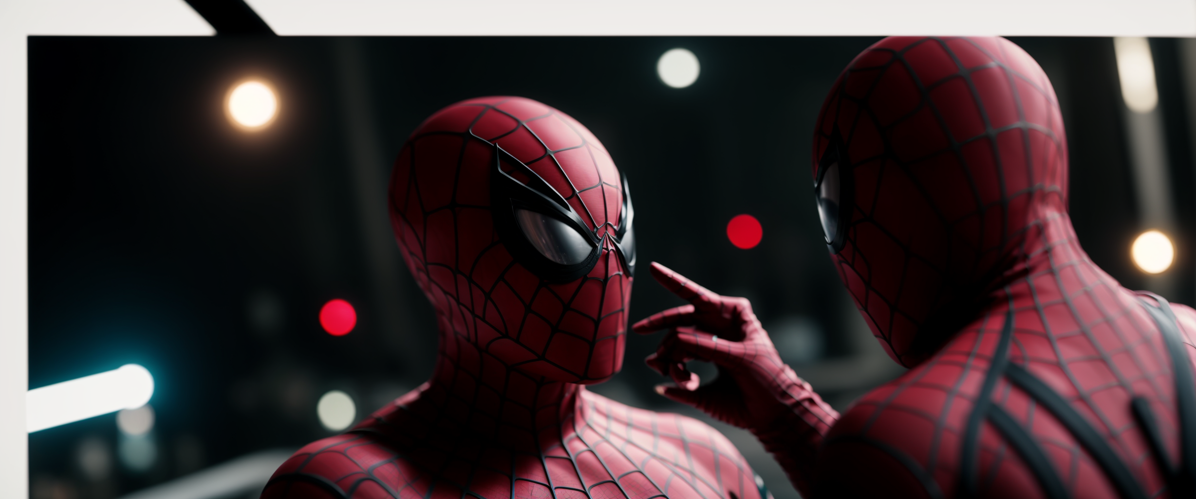 Two spidermen pointing at each other 