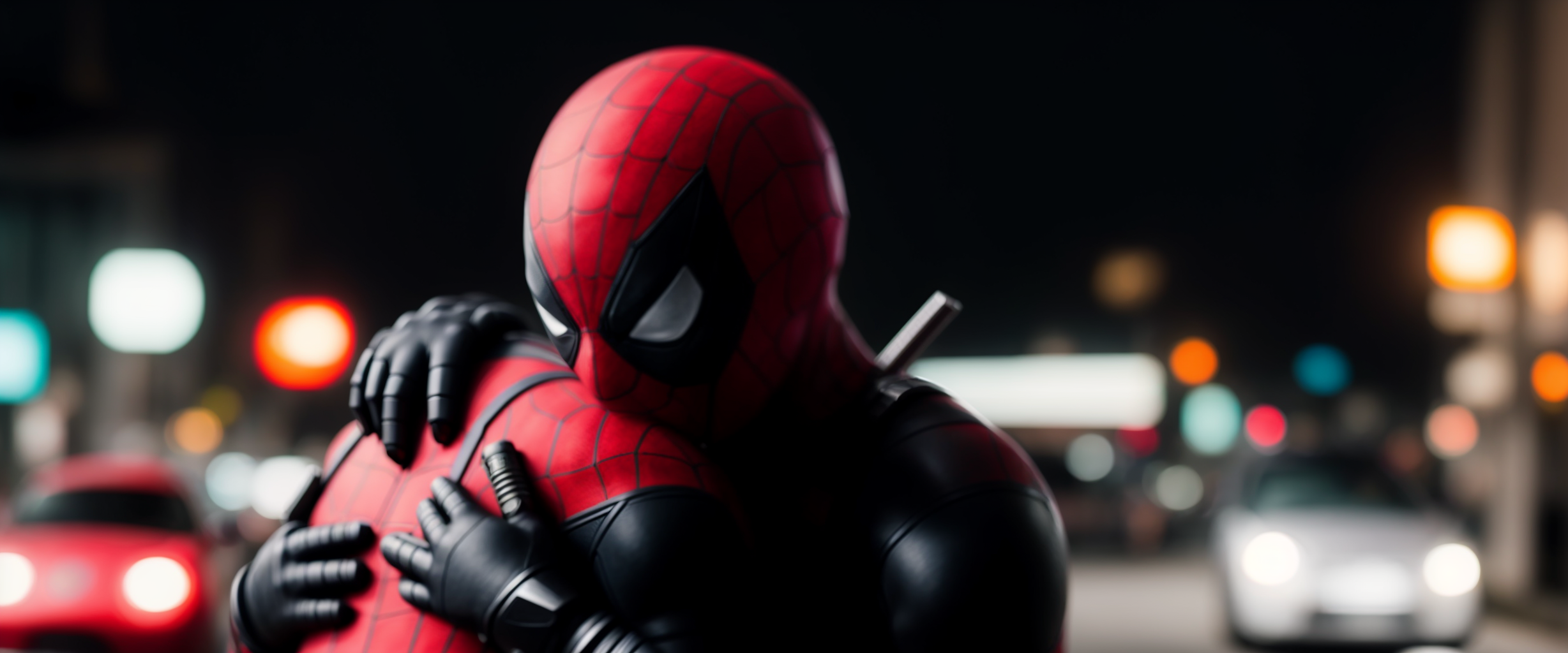 Spider-Man hugs Deadpool who is crying, wide shot, full body