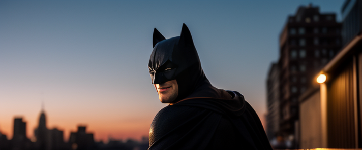 Batman is smiling at cat lady, he is happy to see her, sunset, New York, wide shot, full body, stars, romantic 