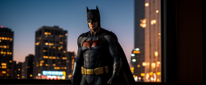 Batman is smiling at cat lady, he is happy to see her, sunset, New York, wide shot, full body, stars, romantic 