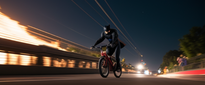 Spiderman with batman on a rollercoaster having fun, epic movie shot, motion blur, speed