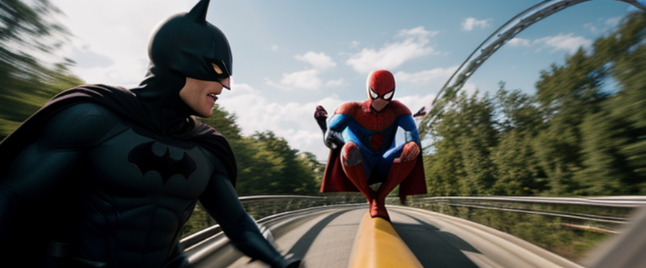 2 superheroes, Spiderman and batman on a rollercoaster having fun laughing, epic movie shot, motion blur, speed