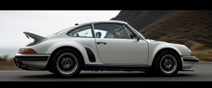 Vintage Porsche, car chase in california, cliffs, motion blur, action shot, PCH