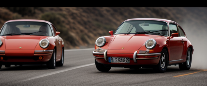 Vintage Porsche, car chase in california, cliffs, motion blur, action shot, 70s, retro movie, warm tones, soft light