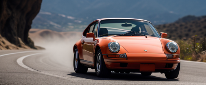 Vintage Porsche, car chase in california, cliffs, motion blur, action shot, 70s, retro movie, warm tones, soft light