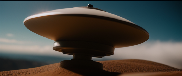 Vintage UFO, flying saucer, in california, cliffs, motion blur, action shot, 70s, retro movie, warm tones, soft light