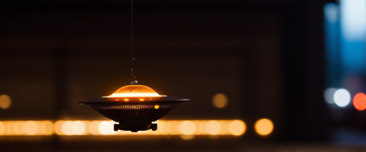 Vintage UFO, flying saucer, in california, cliffs, motion blur, action shot, 70s, retro movie, warm tones, soft light