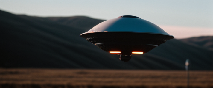 Vintage UFO, flying saucer, in california, cliffs, motion blur, action shot, 70s, retro movie, warm tones, soft light