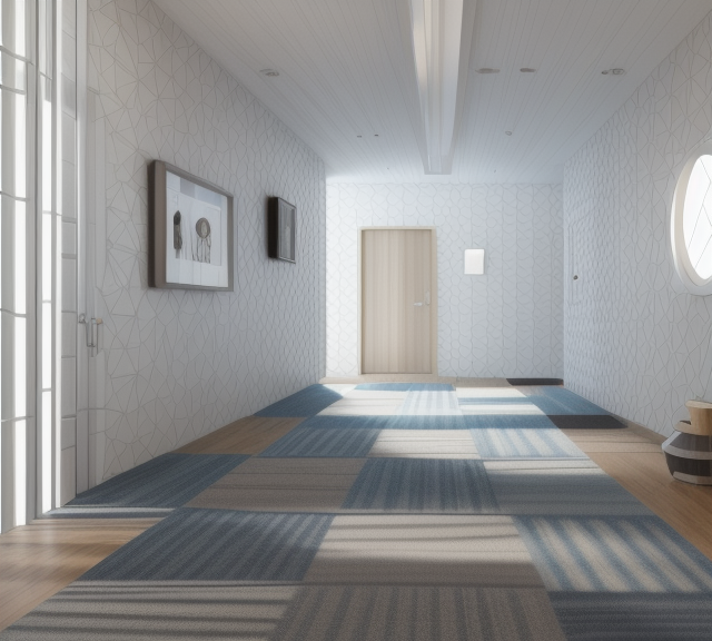Corridor, modern design, clean lines, geometric shapes, neutral colour panel, simplicity and functionality, use of glass, steel, concrete
