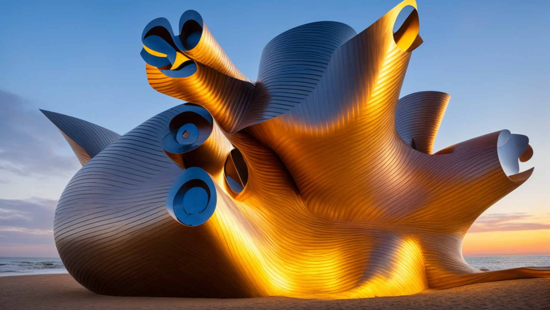 Hotel, designed by Frank Gehry, Bar, Neofuturist Architecture, at sunset, on the beach