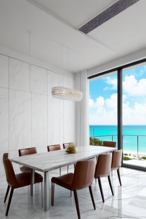 Dining Room, (in Miami:1.5), (miami interior design:1.4), contemporary design, clean room, miami vice, white marble floors, stainless steel, leather, big windows, ocean view, Contemporary design, clean lines, minimalist aesthetic, functionality, open uncluttered spaces, neutral colour palette