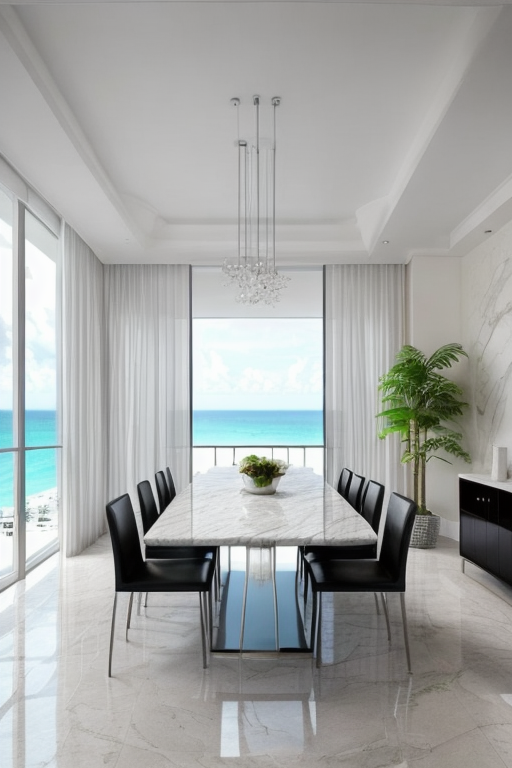 Dining Room, (in Miami:1.5), (miami interior design:1.4), contemporary design, clean room, miami vice, white marble floors, stainless steel, leather, big windows, ocean view, Contemporary design, clean lines, minimalist aesthetic, functionality, open uncluttered spaces, neutral colour palette