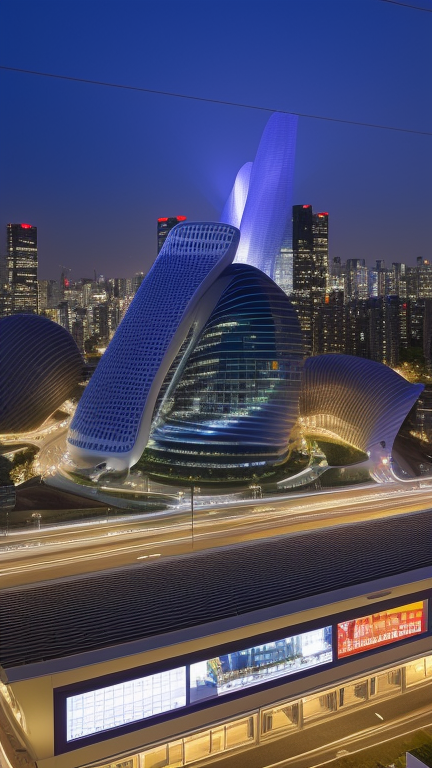 Hotel, designed by Zaha Hadid, Neofuturist Architecture, at night, in Tokyo