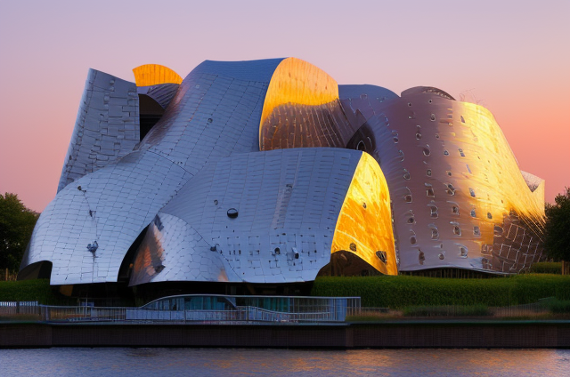 Building, designed by Frank Gehry, Modern Architecture, at sunset, in Amsterdam