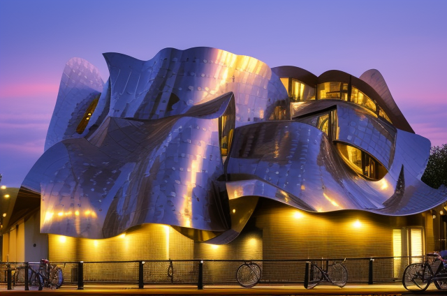 Building, designed by Frank Gehry, Modern Architecture, at sunset, in Amsterdam